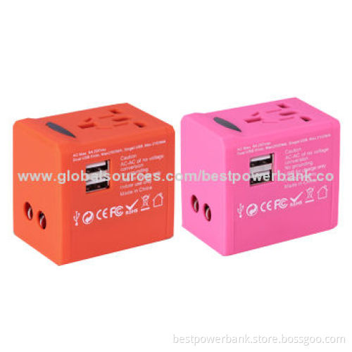 Colorful 2-USB Port International Universal Travel Adapters for Mobile Phone/Tablet, CE/RoHS/FCC/SGS